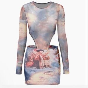 Renaissance Print Mesh Bodysuit And Mini Skirt Set